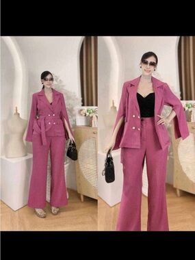 Women’s Pink Wide-Leg Suit Pants & Blazer Set